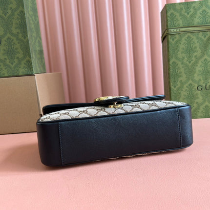 MARMONT MEDIUM SHOULDER BAG 26 IN BEIGE AND BROWN GG CANVAS BLACK CALFSKIN GOLD HARDWARE