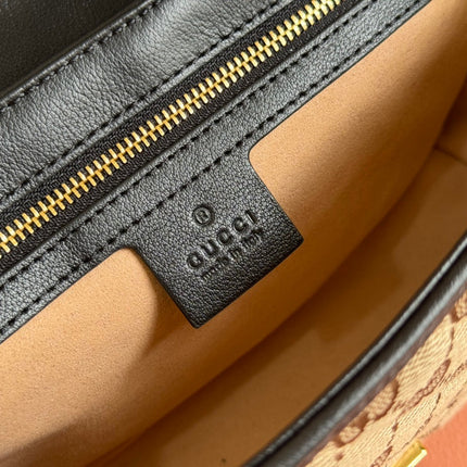 MARMONT MEDIUM SHOULDER BAG 26 IN BEIGE AND BROWN GG CANVAS BLACK CALFSKIN GOLD HARDWARE