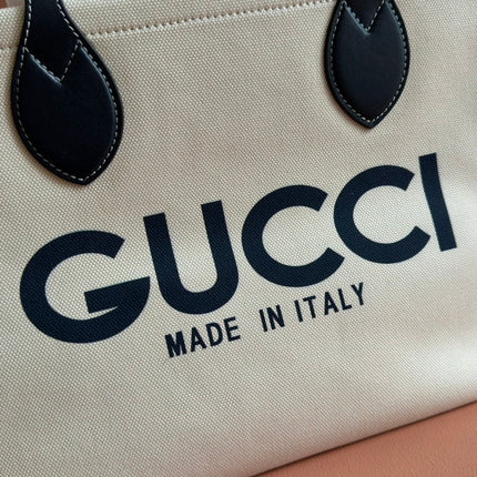 TOTE BAG PRINTED LOGO 41.5 IN WHITE CANVAS DARK BLUE CALFSKIN