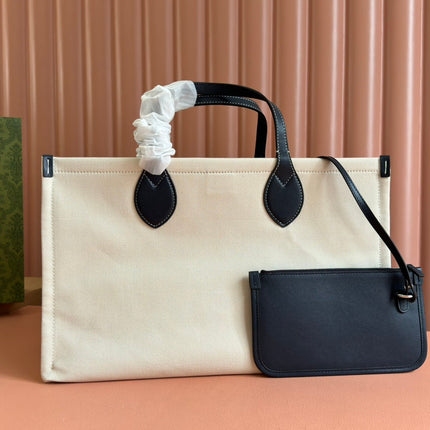 TOTE BAG PRINTED LOGO 41.5 IN WHITE CANVAS DARK BLUE CALFSKIN