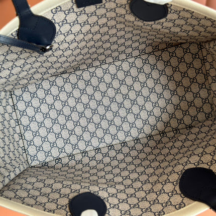 TOTE BAG PRINTED LOGO 41.5 IN WHITE CANVAS DARK BLUE CALFSKIN