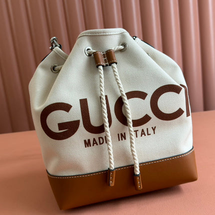 DRAWSTRING SHOULDER BAG LOGO PRINT 31 IN WHITE CANVAS BROWN CALFSKIN