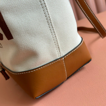 DRAWSTRING SHOULDER BAG LOGO PRINT 31 IN WHITE CANVAS BROWN CALFSKIN