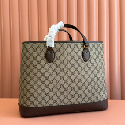 OPHIDIA MEDIUM TOTE BAG 38.5 BEIGE CANVAS AND BROWN CALFSKIN