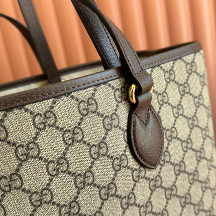 OPHIDIA MEDIUM TOTE BAG 38.5 BEIGE CANVAS AND BROWN CALFSKIN