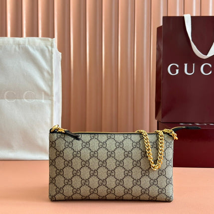 RUBBER EFFECT SMALL WALLET ON CHAIN 22.5 IN BEIGE AND DARK BROWN GG CALFSKIN