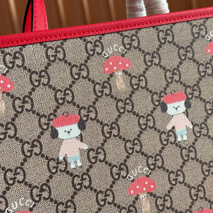 CHILDREN'S PRINTED DOG TOTE BAG 28.5 IN BEIGE AND DARK BROWN GG CANVAS RED TRIM