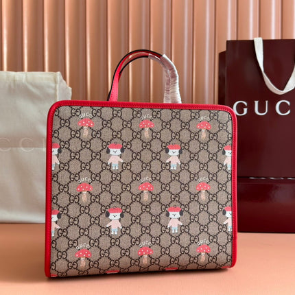 CHILDREN'S PRINTED DOG TOTE BAG 28.5 IN BEIGE AND DARK BROWN GG CANVAS RED TRIM