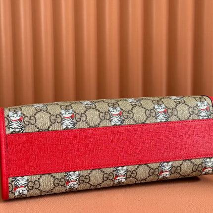 CHILDREN'S PRINTED CAT TOTE BAG 28.5 IN BEIGE AND DARK BROWN GG CANVAS RED TRIM