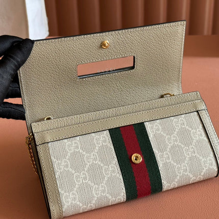 OPHIDIA WALLET ON GOLD CHAIN 19 IN LIGHT BEIGE GG CANVAS AND LIGHT BROWN CALFSKIN