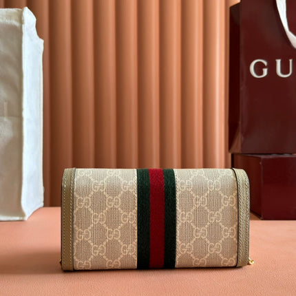 OPHIDIA WALLET ON GOLD CHAIN 19 IN LIGHT BEIGE GG CANVAS AND LIGHT BROWN CALFSKIN