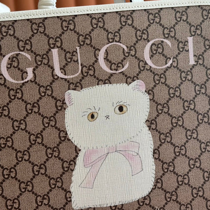 CHILDREN'S PRINTED BIG CAT TOTE BAG 28.5 IN BEIGE AND DARK BROWN GG CANVAS WHITE TRIM