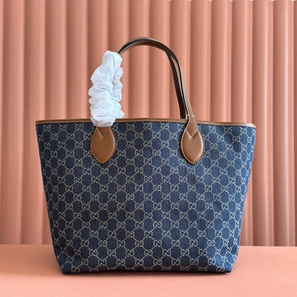 LARGE TOTISSIMA REVERSIBLE TOTE 30.5 IN DARK BLUE DENIM ONE SIDE GREY SUEDE