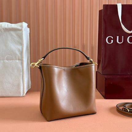 EMBLEM SMALL BUCKET BAG 19 IN BROWN SMOOTH CALFSKIN