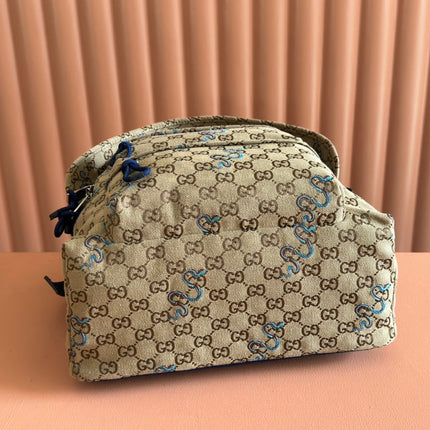BACKPACK 40 IN BEIGE AND BROWN CANVAS BLUE SNAKE EMBROIDERY