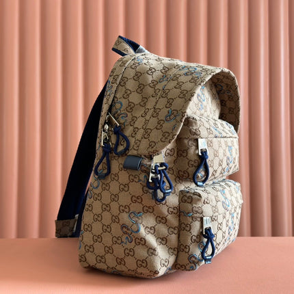 BACKPACK 40 IN BEIGE AND BROWN CANVAS BLUE SNAKE EMBROIDERY