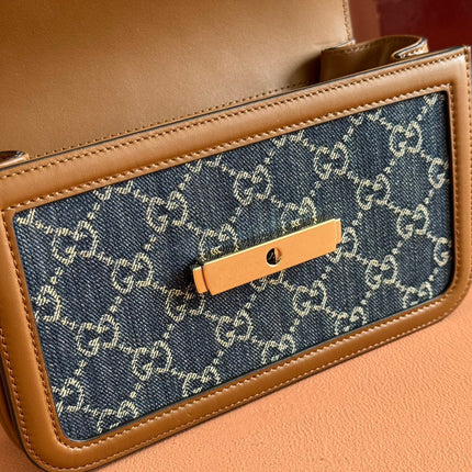 GO SMALL SHOULDER BAG 21.5 IN BLUE DENIM BROWN CALFSKIN