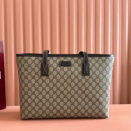 MEDIUM TOTE BAG 38 IN BEIGE AND BROWN GG COATED FABRIC DARK BROWN CALFSKIN