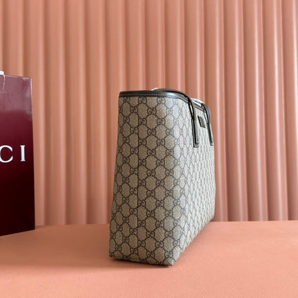 MEDIUM TOTE BAG 38 IN BEIGE AND BROWN GG COATED FABRIC DARK BROWN CALFSKIN