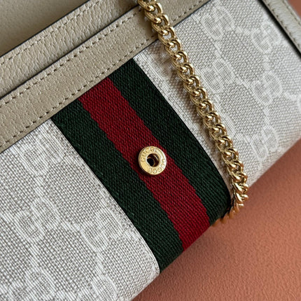 OPHIDIA WALLET ON CHAIN 19 IN BEIGE AND WHITE COATED FABRIC OATMEAL CALFSKIN