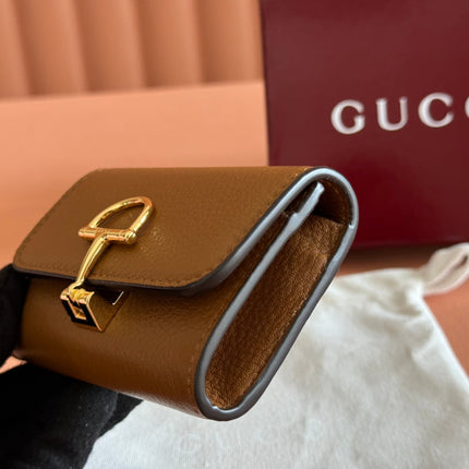 SOFTBIT CARD CASE 10.5 IN BROWN GRAINY CALFSKIN GOLD HARDWARE