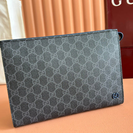 OPHIDIA POUCH 26 IN DARK GREY MONOGRAM CANVAS AND NAVY BLUE CALFSKIN TRIM