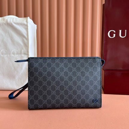 OPHIDIA POUCH 26 IN DARK GREY MONOGRAM CANVAS AND NAVY BLUE CALFSKIN TRIM