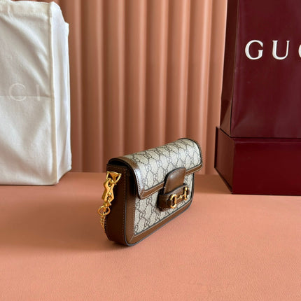 HORSEBIT 1955 SMALL 21.5 IN BEIGE EBONY GG SUPREME BROWN CALFSKIN GOLD HARDWARE