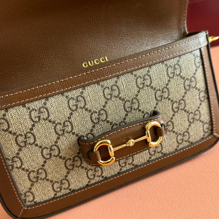 HORSEBIT 1955 SMALL 21.5 IN BEIGE EBONY GG SUPREME BROWN CALFSKIN GOLD HARDWARE