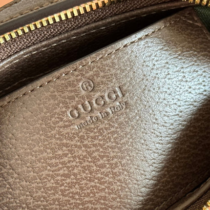 GUCCI 25S OPHIDIA SMALL SHOULDER BAG 19 IN BEIGE CANVAS AND BROWN CALFSKIN