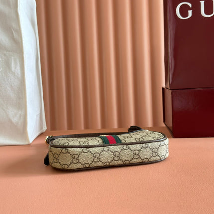 GUCCI 25S OPHIDIA SMALL SHOULDER BAG 19 IN BEIGE CANVAS AND BROWN CALFSKIN