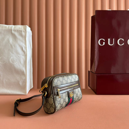 GUCCI 25S DESIGNER HANDBAG 18 IN BEIGE CANVAS AND BROWN CALFSKIN