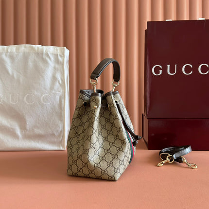 GUCCI 25S OPHIDIA SMALL BUCKET BAG 22 IN BEIGE CANVAS AND BROWN CALFSKIN