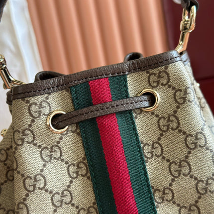 GUCCI 25S OPHIDIA SMALL BUCKET BAG 22 IN BEIGE CANVAS AND BROWN CALFSKIN