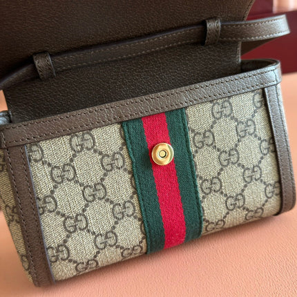 GUCCI 25S OPHIDIA BAG 18 IN BEIGE CANVAS AND BROWN CALFSKIN SILVER HARDWARE