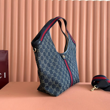 GUCCI 25S GIGLIO LARGE TOTE BAG 50 IN BLUE AND WHITE DENIM