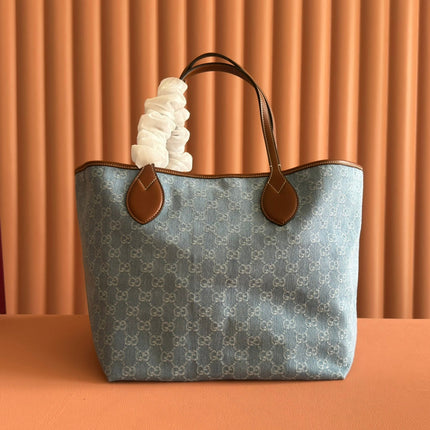 GUCCI 25S TOTISSIMA LARGE TOTE BAG 30 IN BLUE AND WHITE CANVAS
