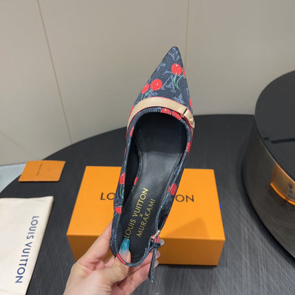 LV HIGH SLINGBACK LOGO AND CHERRY PRINT 25S 55MM IN CHARCOAL BLACK DENIM