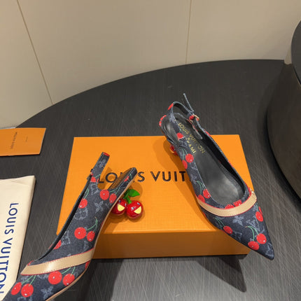 LV HIGH SLINGBACK LOGO AND CHERRY PRINT 25S 55MM IN CHARCOAL BLACK DENIM