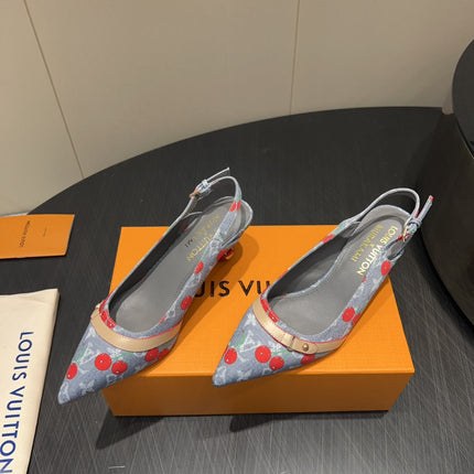 LV HIGH SLINGBACK LOGO AND CHERRY PRINT 25S 55MM IN GREY DENIM