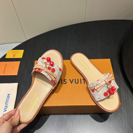 LV SLIDE SANDALS 25S IN BEIGE DENIM AND CALFSKIN WITH CHERRY BLOSSOM BUCKLE