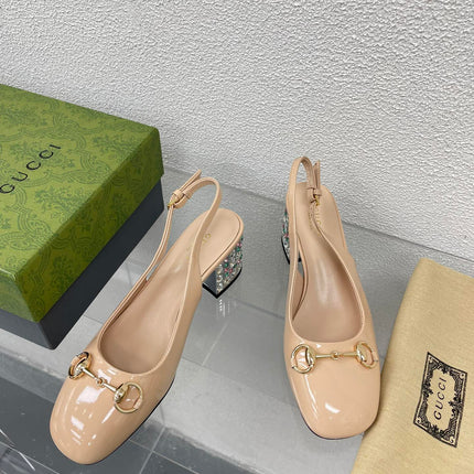 GG WOMEN'S HORSEBIT SLINGBACK IN TAN BEIGE CALFSKIN WITH RHINSTONES