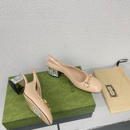 GG WOMEN'S HORSEBIT SLINGBACK IN TAN BEIGE CALFSKIN WITH RHINSTONES