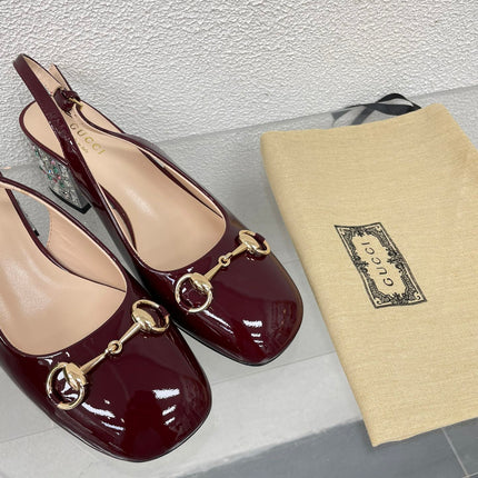 GG WOMEN'S HORSEBIT SLINGBACK IN WINE RED CALFSKIN WITH RHINSTONES