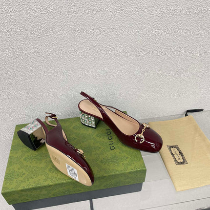 GG WOMEN'S HORSEBIT SLINGBACK IN WINE RED CALFSKIN WITH RHINSTONES