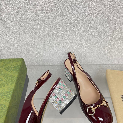 GG WOMEN'S HORSEBIT SLINGBACK IN WINE RED CALFSKIN WITH RHINSTONES