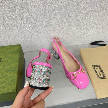 GG WOMEN'S HORSEBIT SLINGBACK IN FUSCIA PINK CALFSKIN WITH RHINSTONES