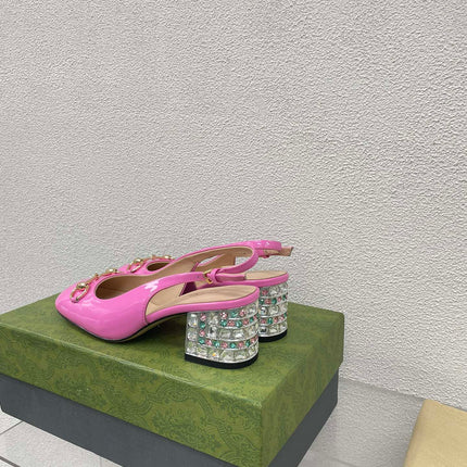 GG WOMEN'S HORSEBIT SLINGBACK IN FUSCIA PINK CALFSKIN WITH RHINSTONES