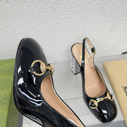 GG WOMEN'S HORSEBIT SLINGBACK 95MM IN BLACK CALFSKIN WITH RHINSTONES