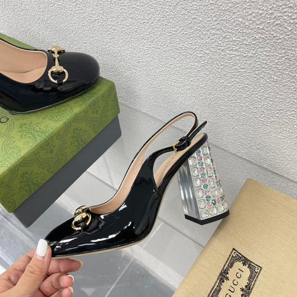 GG WOMEN'S HORSEBIT SLINGBACK 95MM IN BLACK CALFSKIN WITH RHINSTONES